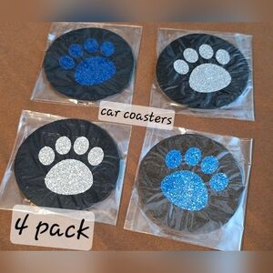 4 Pack Blue & Silver Glitter Paw Print Car Coasters